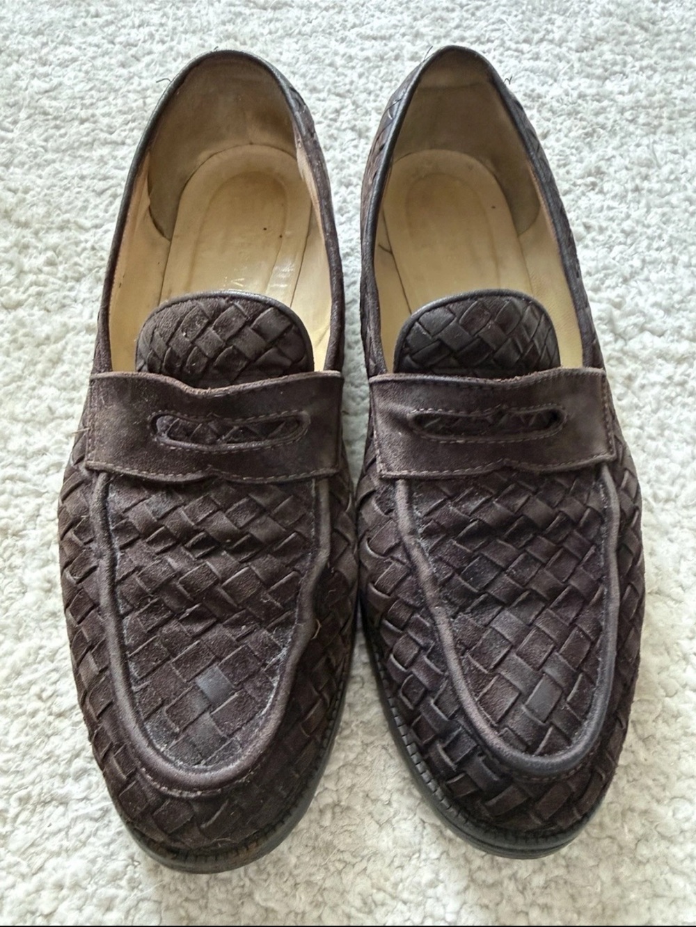 Bottega Veneta Dark Brown Woven Suede Penny Loafers